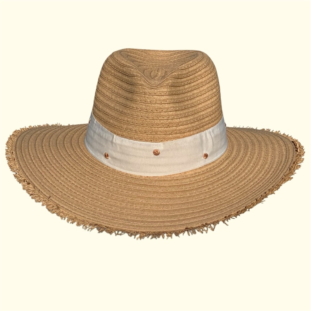 Kensie Tan Straw Sun Hat with Gold Thread Polka Dots on Cream Colored Hat Band